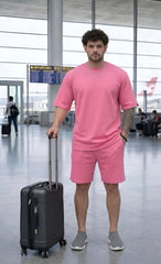Go Devil Pink Textured T-Shirt With Short Co-Ord Set For Men
