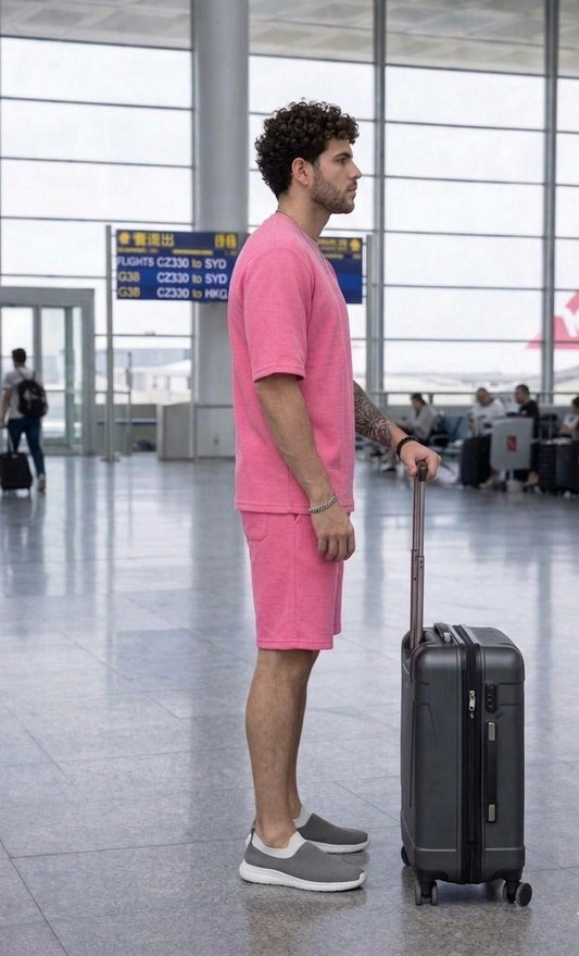 Go Devil Pink Textured T-Shirt With Short Co-Ord Set For Men