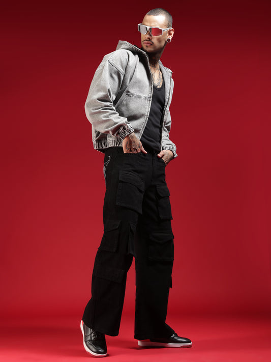 Go Devil Mens Multi Pocket Black Stylish Cargo Denim Jeans