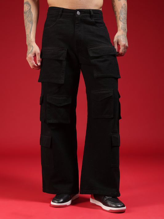 Go Devil Mens Multi Pocket Black Stylish Cargo Denim Jeans