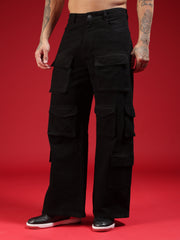 Go Devil Mens Multi Pocket Black Stylish Cargo Denim Jeans