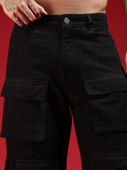 Go Devil Mens Multi Pocket Black Stylish Cargo Denim Jeans