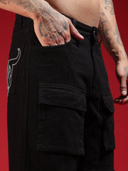 Go Devil Mens Multi Pocket Black Stylish Cargo Denim Jeans