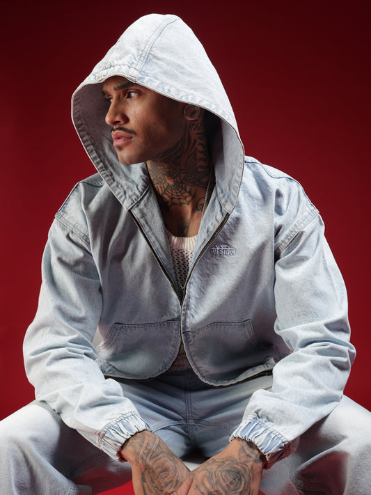 Go Devil Mens Light Blue Hooded Denim Jacket