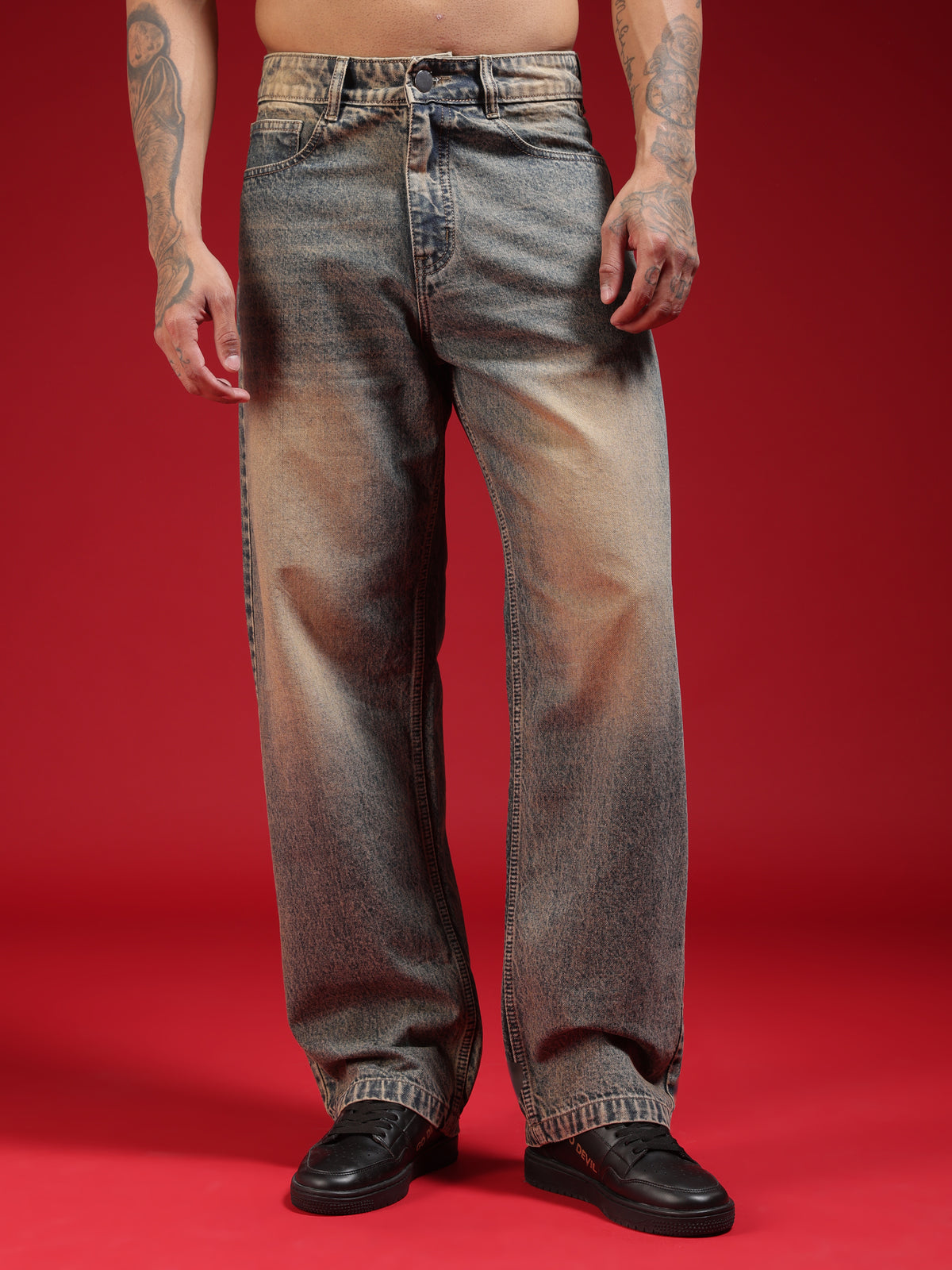 Go Devil Men's Washed Denim Baggy Jeans