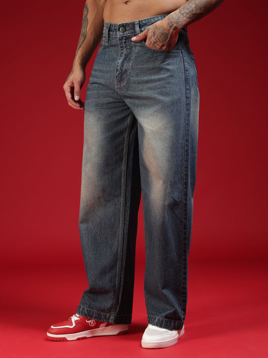 Go Devil Mens Blue Washed Baggy Jeans