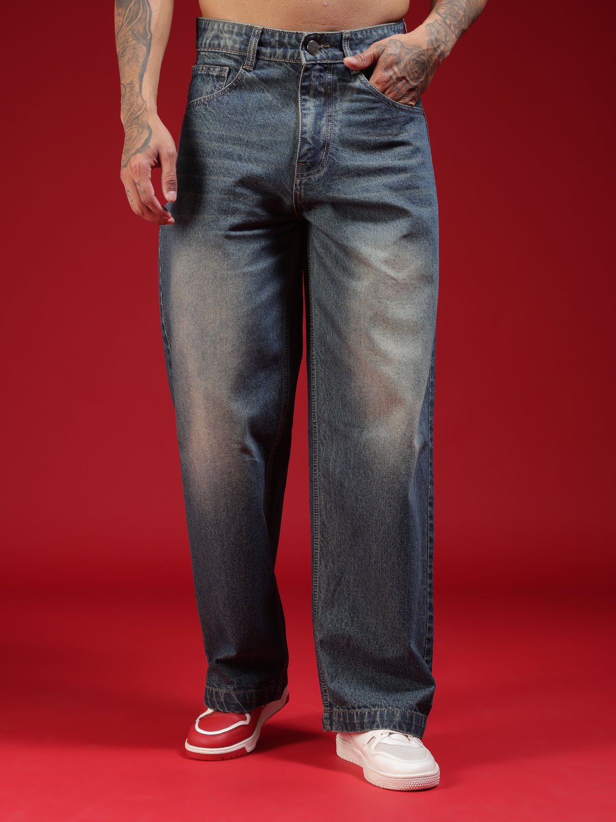 Go Devil Mens Blue Washed Baggy Jeans