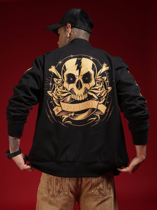 Go Devil Black Printed Varsity Jacket For Mens