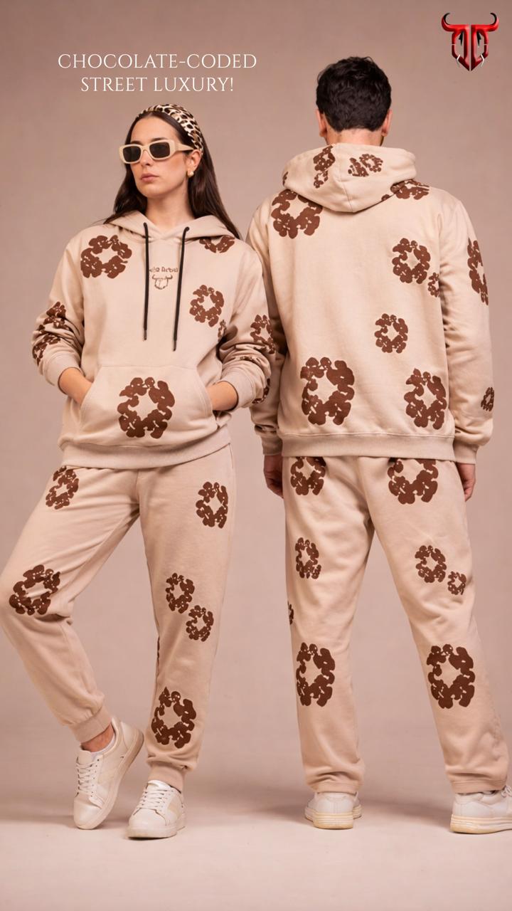 Couples Brown Floral Printed Beige Hooded Co-ord Set