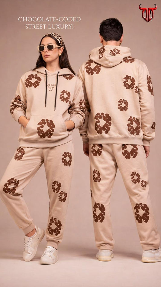 Couples Brown Floral Printed Beige Hooded Co-ord Set