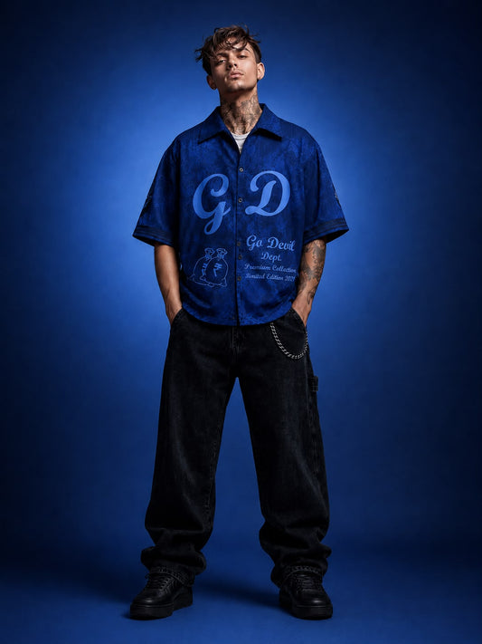 Go Devil Blue "GD Go Devil Dept." Skull Graphic Print Shirt – Premium Collection Limited Edition Shirt For Men
