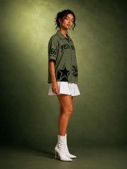 Go Devil Oversized Graphic Print Olive Green Half Sleeve Zip Front Top Shirt For Women