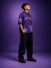 Go Devil Fearless Graphic Zip Oversized Dark Purple Half Sleeve Shirt For Men