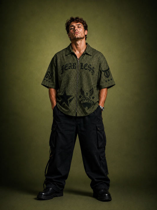 Go Devil Oversized Graphic Print Olive Green Half Sleeve Zip Front Top Shirt For Men