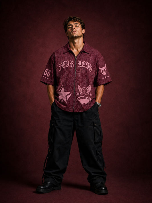 Go Devil Fearless Maroon Graphic Print Zip-Up Shirt – Star & Wing Embroidered Half Sleeve Shirt For Men