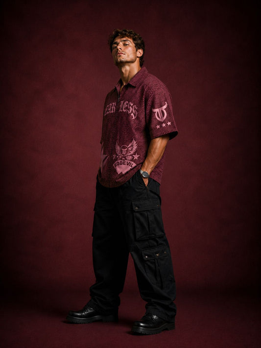 Go Devil Fearless Maroon Graphic Print Zip-Up Shirt – Star & Wing Embroidered Half Sleeve Shirt For Men