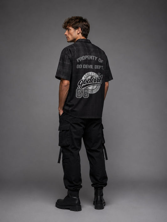 Go Devil Black Textured "66 Go Devil Dept." Graphic Print Button-Down Shirt For Men