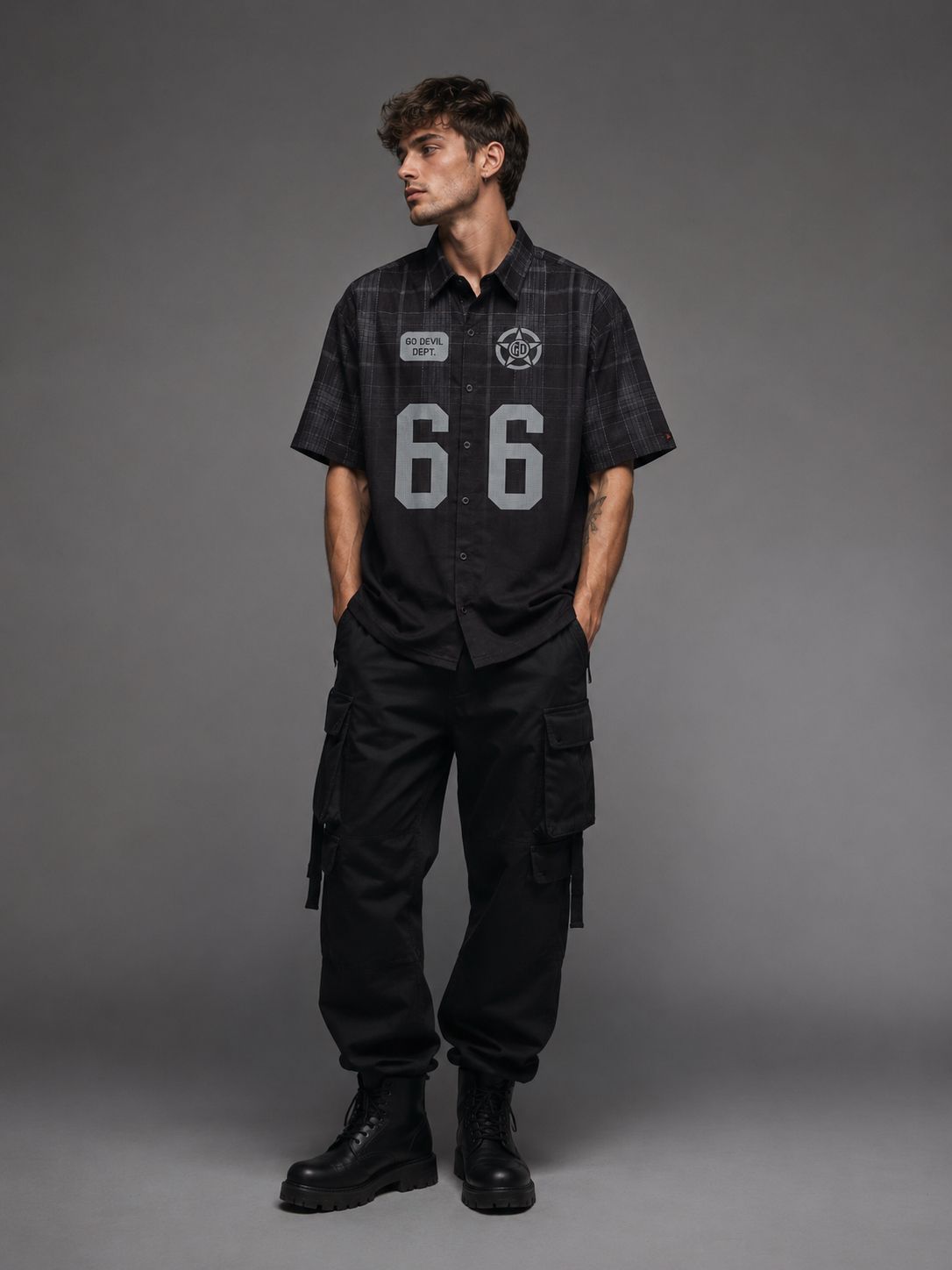 Go Devil Black Textured "66 Go Devil Dept." Graphic Print Button-Down Shirt For Men