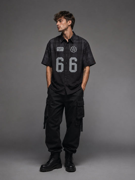 Go Devil Black Textured "66 Go Devil Dept." Graphic Print Button-Down Shirt For Men