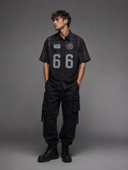 Go Devil Black Textured "66 Go Devil Dept." Graphic Print Button-Down Shirt For Men