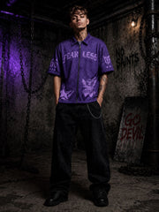 Go Devil Fearless Graphic Zip Oversized Dark Purple Half Sleeve Shirt For Men