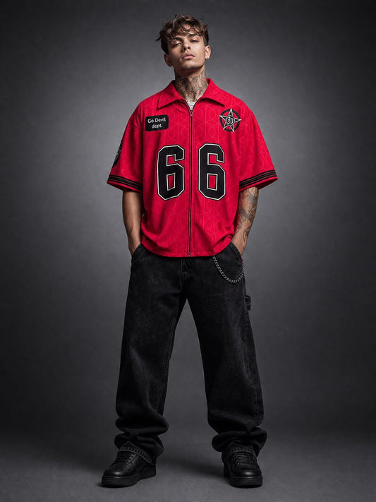 Go Devil Dept. "66" Printed Varsity Zip-Up Hot Pink Oversized Shirt For Men