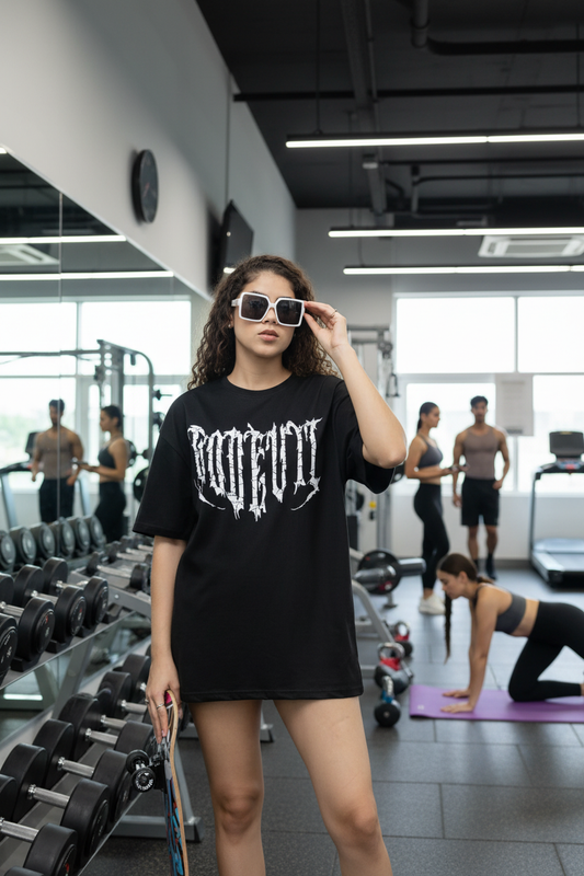 Go Devil Women's Oversized Black Graphic T-Shirt