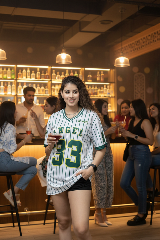 Go Devil ANGEL 33 White & Green Pinstripe Jersey Tee For Women's