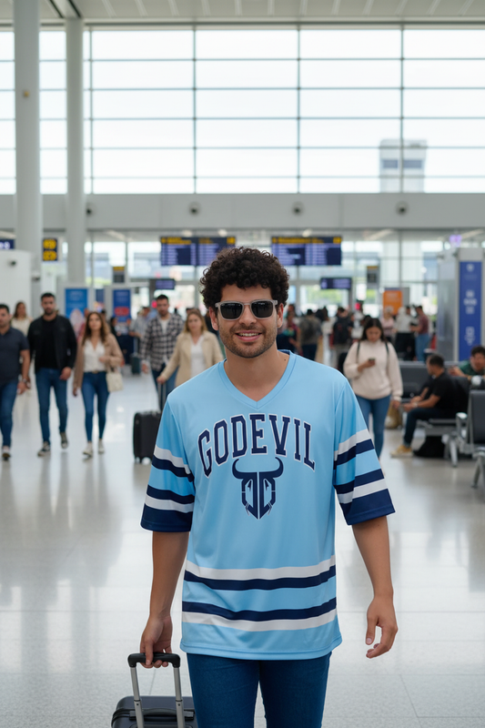 Go Devil Printed Light Blue Striped Oversized Jersey T-Shirt for Men