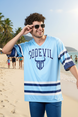 Go Devil Printed Light Blue Striped Oversized Jersey T-Shirt for Men