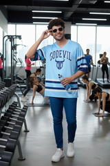 Go Devil Printed Light Blue Striped Oversized Jersey T-Shirt for Men
