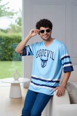 Go Devil Printed Light Blue Striped Oversized Jersey T-Shirt for Men