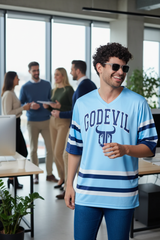 Go Devil Printed Light Blue Striped Oversized Jersey T-Shirt for Men
