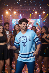 Go Devil Printed Light Blue Striped Oversized Jersey T-Shirt for Men