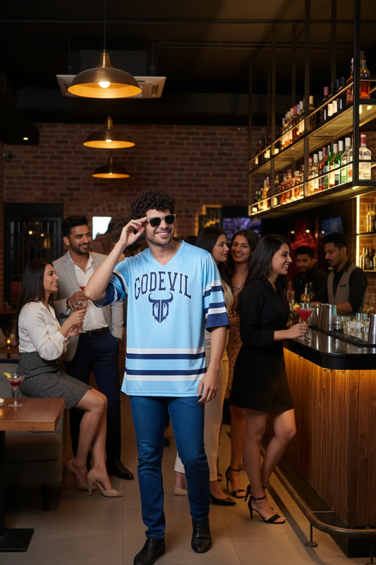 Go Devil Printed Light Blue Striped Oversized Jersey T-Shirt for Men