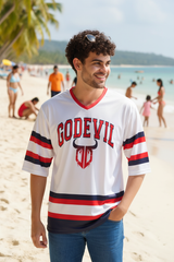 Stripes Printed White, Red and Navy Blue Oversized Jersey T-Shirt for Men