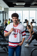 Stripes Printed White, Red and Navy Blue Oversized Jersey T-Shirt for Men