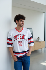 Stripes Printed White, Red and Navy Blue Oversized Jersey T-Shirt for Men