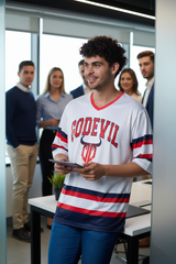 Stripes Printed White, Red and Navy Blue Oversized Jersey T-Shirt for Men
