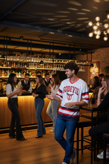 Stripes Printed White, Red and Navy Blue Oversized Jersey T-Shirt for Men
