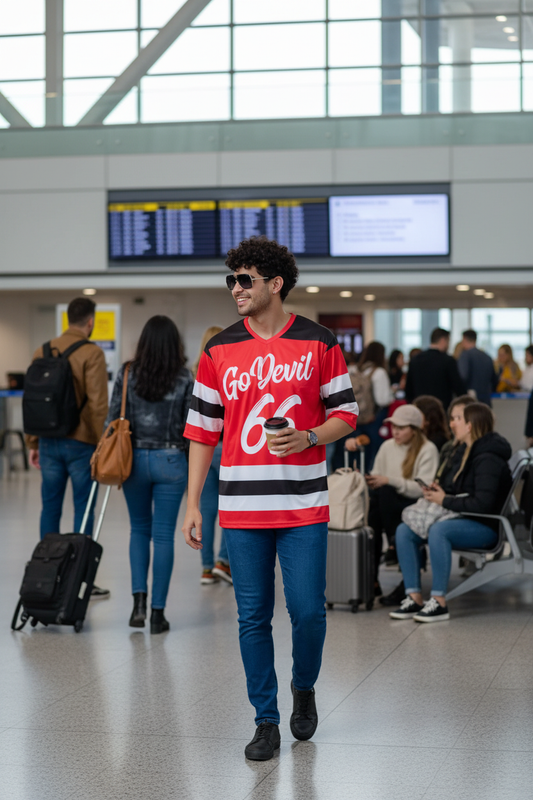 Go Devil 66 Striped (In White) Printed Red Oversized Jersey T-Shirt for Men