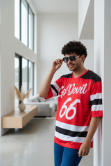 Go Devil 66 Striped (In White) Printed Red Oversized Jersey T-Shirt for Men