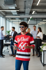 Go Devil 66 Striped (In White) Printed Red Oversized Jersey T-Shirt for Men