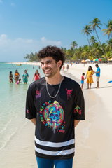 Skull With Enjoy The Trip Printed Black  Oversized  Jersey T-Shirt for Men