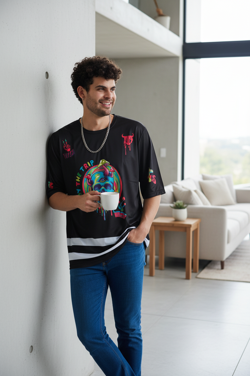 Skull With Enjoy The Trip Printed Black  Oversized  Jersey T-Shirt for Men