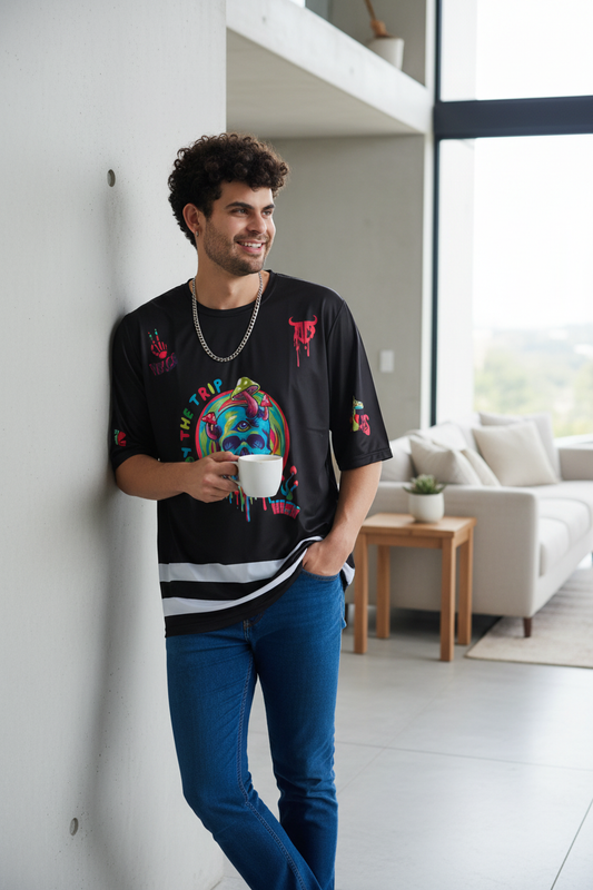 Skull With Enjoy The Trip Printed Black  Oversized  Jersey T-Shirt for Men