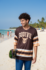 Go Devil In Ivory Printed Stripes Chocolate Oversized Jersey T-Shirt for Men
