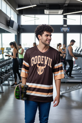 Go Devil In Ivory Printed Stripes Chocolate Oversized Jersey T-Shirt for Men