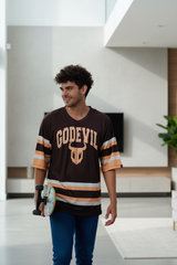 Go Devil In Ivory Printed Stripes Chocolate Oversized Jersey T-Shirt for Men