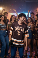 Go Devil In Ivory Printed Stripes Chocolate Oversized Jersey T-Shirt for Men